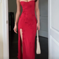 Charming Red Appliques Sheath Long Prom Dress Slit Evening Dress Party Gown Y7550