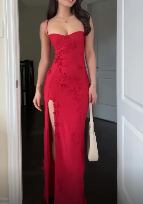 Charming Red Appliques Sheath Long Prom Dress Slit Evening Dress Party Gown Y7550