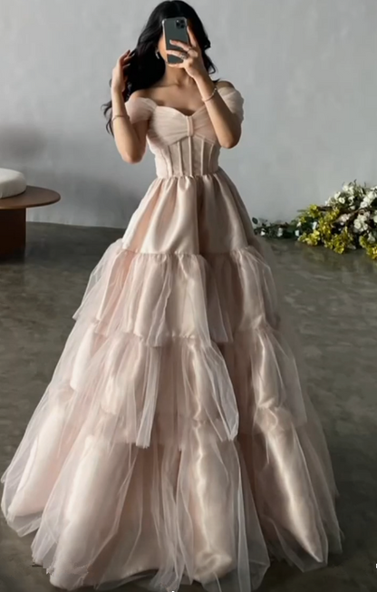 Elegant Tulle Satin Ball Gown Off The Shoulder Layered Prom Dress Y7633