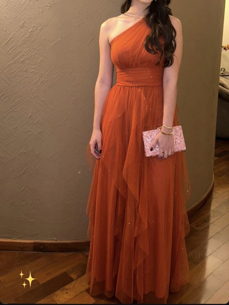 Glitter Orange Tulle Evening Dress One Shoulder Prom Dress Y7602