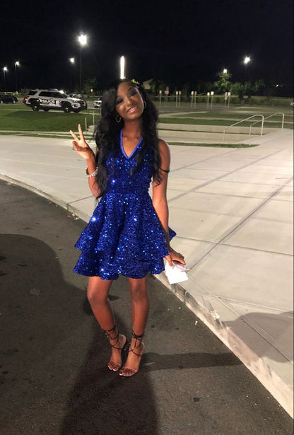 Royal Blue Sequins A-line Graduation Dress,Royal Blue Short Homecoming Dress,Royal Blue Party Dress  Y1850