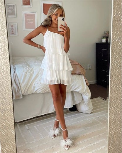 White Pleated One-shoulder Graduation Dress,White Short Homecoming Dress Y1846