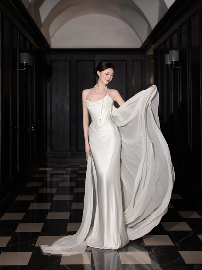 Classy White Satin Chiffon Mermaid Strapless Long Wedding Dress Y8591