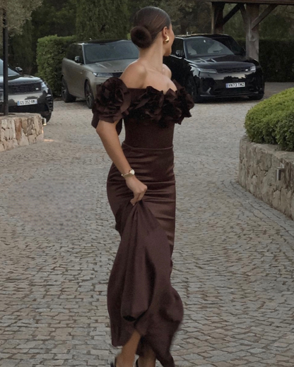 Brown Luxury Mermaid Evening Dress Off The Shoulder Long Prom Dress Y7592