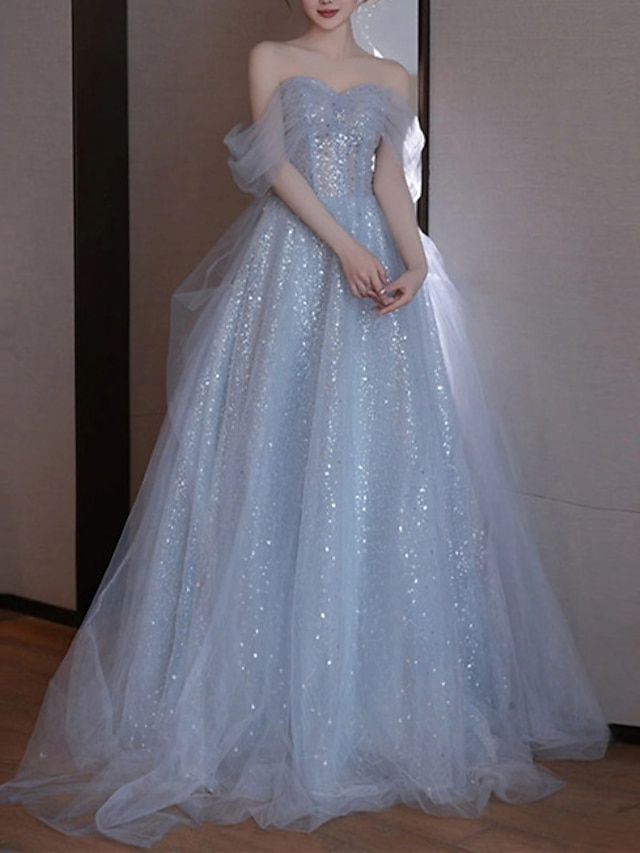 A-Line Party Dress Elegant Off Shoulder Tulle Sequins Prom Dress Evening Dress Y7626