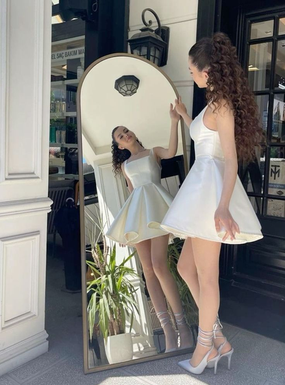 Elegant A Line Straps Ivory Satin Short Homecoming Dress Birthday Dress Y7658