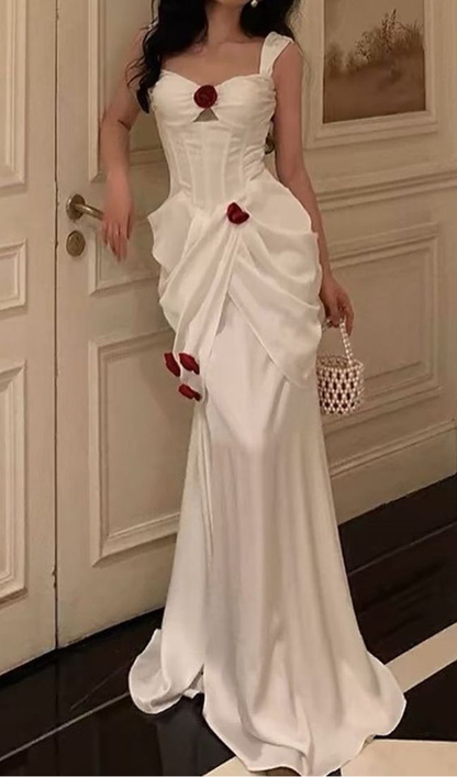 Elegant White Satin Flowers Evening Dress Long Prom Dress Wedding Dress Y7461