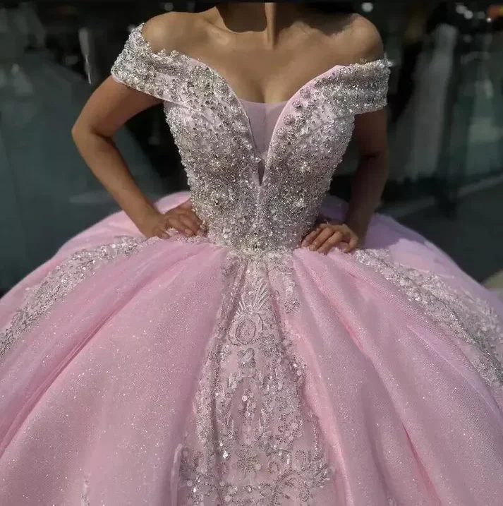 Pink Quinceanera Dress Off Shoulder Appliques Beaded Ball Gown Sweet 16 Princess Quinceanera Dress Y7464