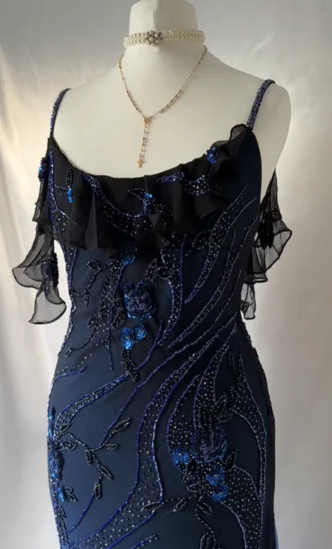 Luxurious Navy Blue Chiffon Beaded Evening Dress Formal Party Prom Dress Y7529