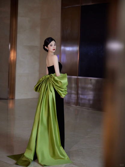 Pretty Black Strapless Satin Long Prom Dress Evening Dress With Bow Y8594