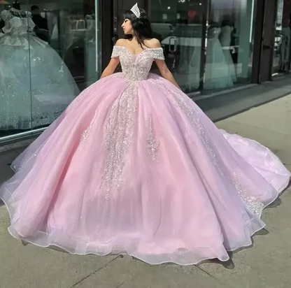 Pink Quinceanera Dress Off Shoulder Appliques Beaded Ball Gown Sweet 16 Princess Quinceanera Dress Y7464