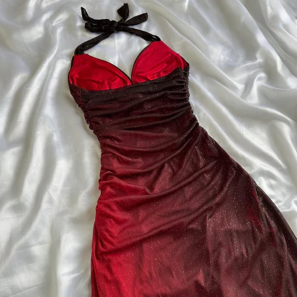 Sexy Halter Ombre Red V Neck Chiffon Long Prom Dress Party Evening Gown Y7485