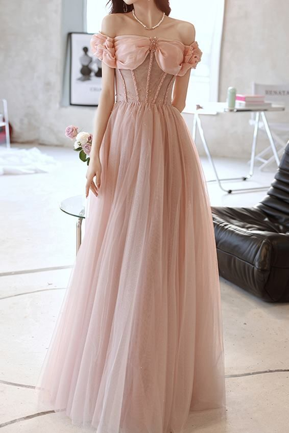 Pink Tulle Beaded Princess Prom Dress Off The Shoulder Ball Gown Evening Dress Y7584