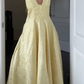 Deep V Neck Halter Yellow Satin A Line Prom Dress Long Evening Dress  Y7499