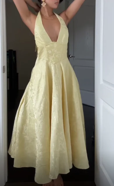 Deep V Neck Halter Yellow Satin A Line Prom Dress Long Evening Dress  Y7499