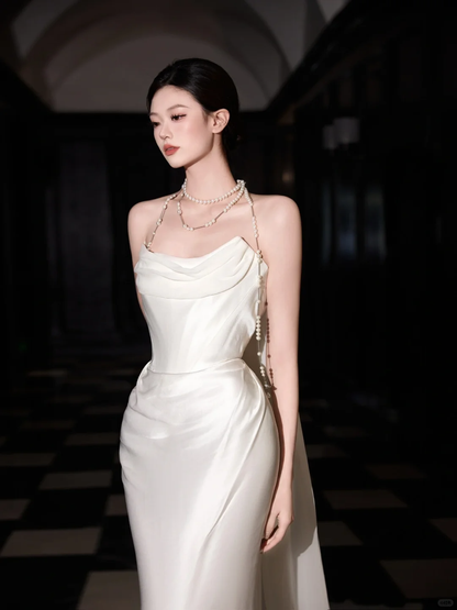Classy White Satin Chiffon Mermaid Strapless Long Wedding Dress Y8591