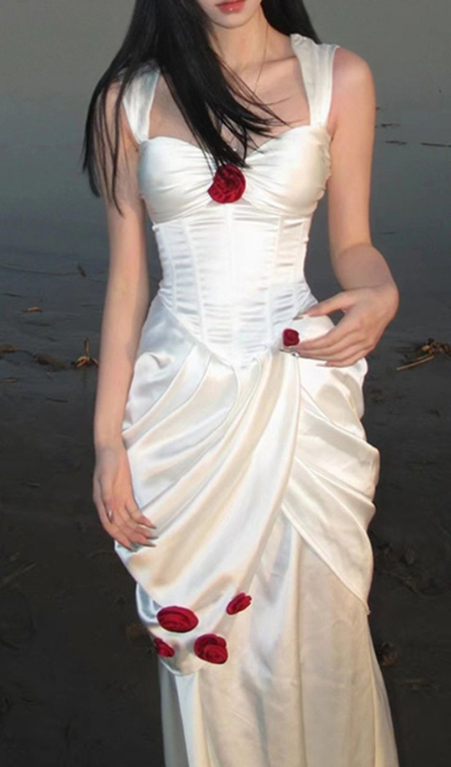 Elegant White Satin Flowers Long Wedding Dress Y7461