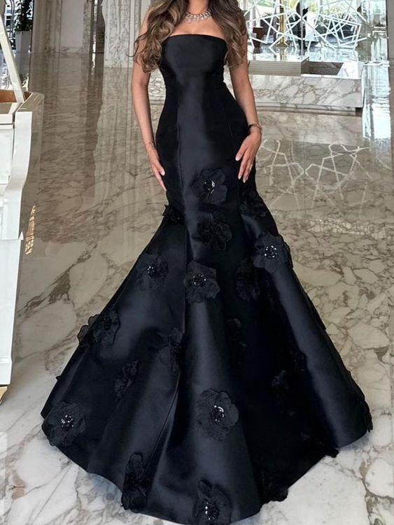 Black Strapless Flowers Mermaid Evening Dress Formal Prom Dress Y7459