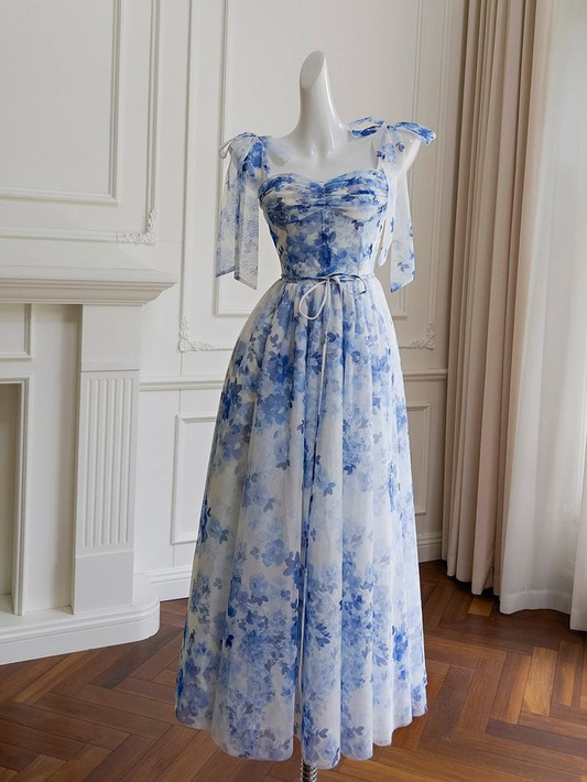 Elegant Tulle Tie Shoulder Blue Floral Print Party Dress Y7618