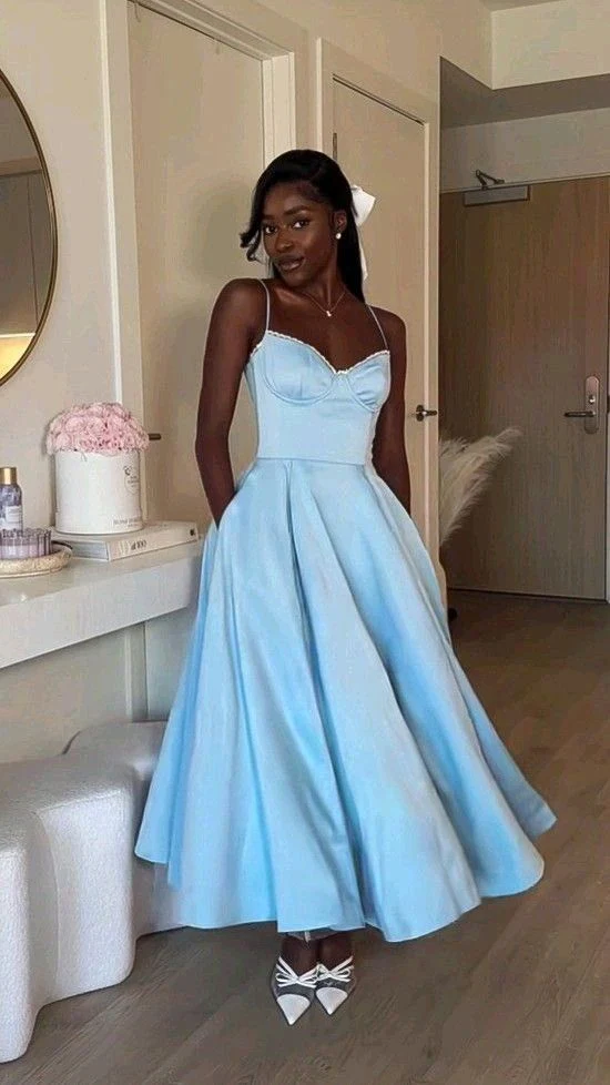 Elegant Spaghetti Straps Blue Satin A Line Long Party Prom Dress With Pockets Y7500