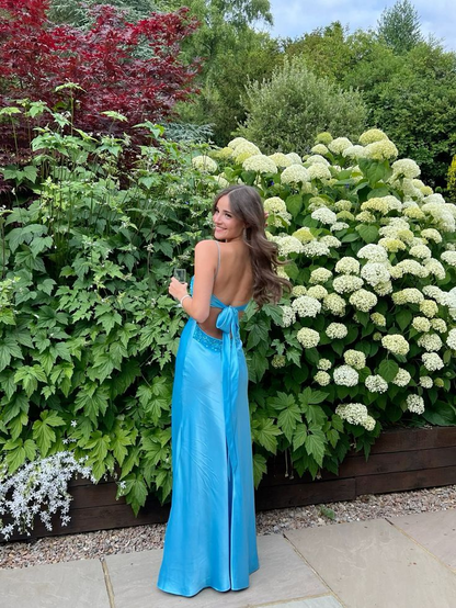 Pretty Blue Satin Mermaid Backless Long Prom Dress Evening Dress Y7516