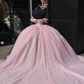 Glitter Off The Shoulder Pink Tulle Beaded Ball Gown Quinceanera Dress  Y7462