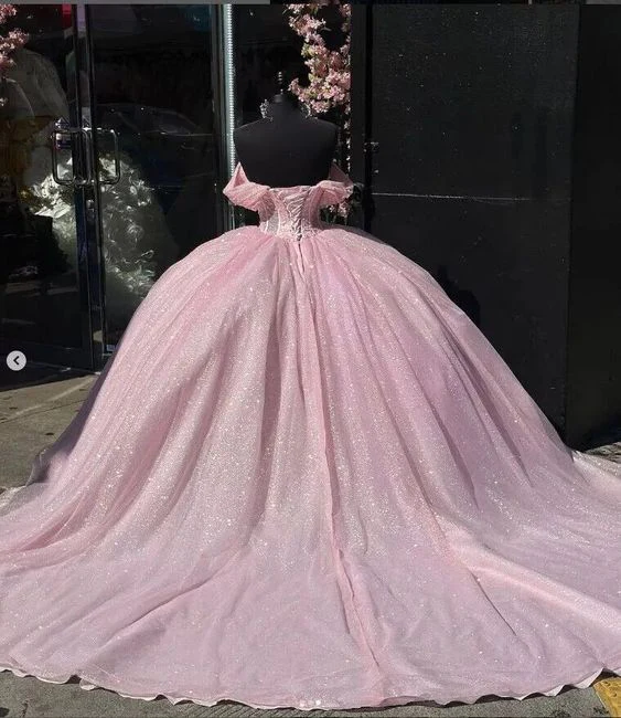 Glitter Off The Shoulder Pink Tulle Beaded Ball Gown Quinceanera Dress  Y7462