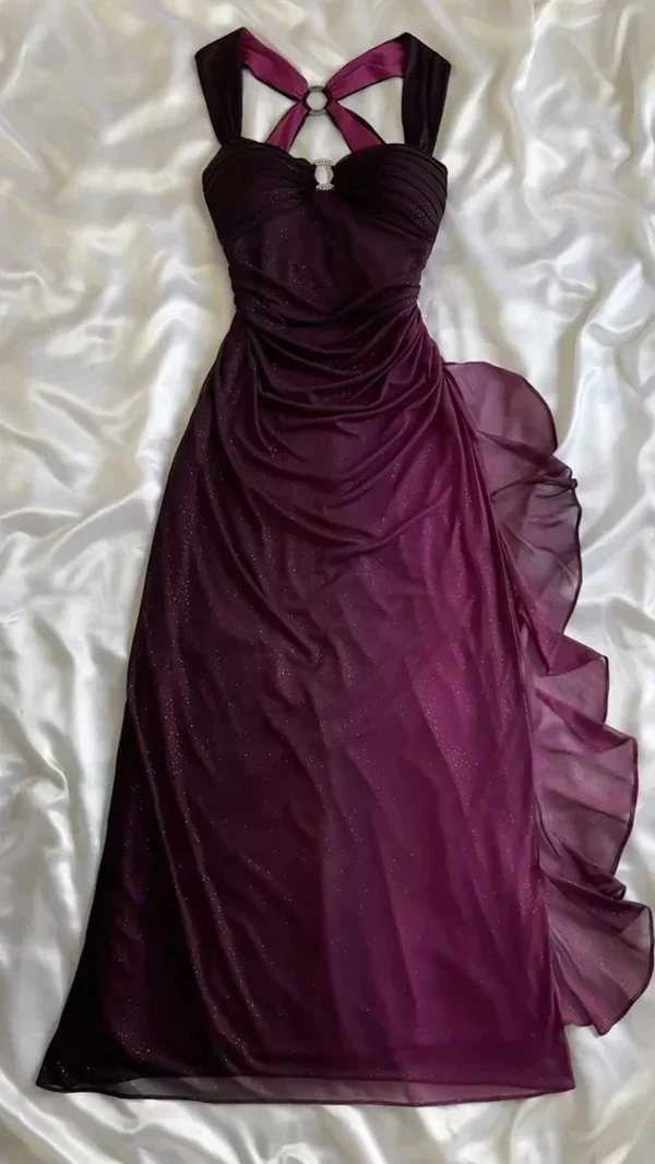 Ombre Grape Purple Chiffon Backless Evening Dress Long Party Prom Gown Y7482