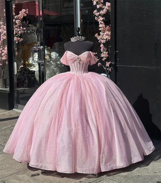 Glitter Off The Shoulder Pink Tulle Beaded Ball Gown Quinceanera Dress  Y7462