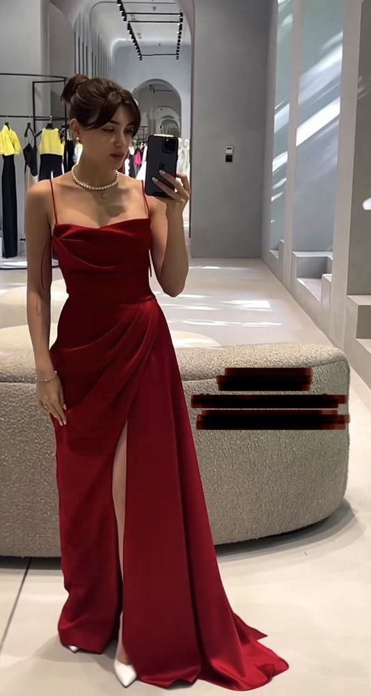 Burgundy Straps Mermaid Slit Prom Dresses Formal Evening Dress Y7458