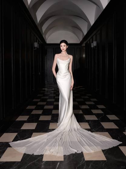 Classy White Satin Chiffon Mermaid Strapless Long Wedding Dress Y8591
