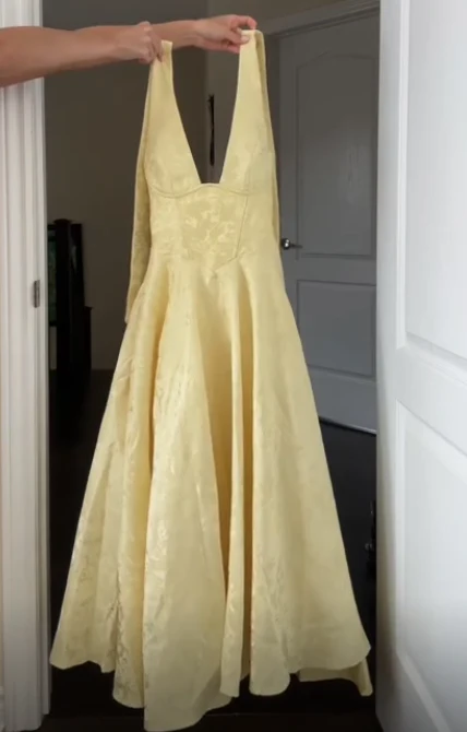 Deep V Neck Halter Yellow Satin A Line Prom Dress Long Evening Dress  Y7499