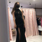 Black Halter Neckline Long Prom Dress Elegant Evening Dress Side Split Y416