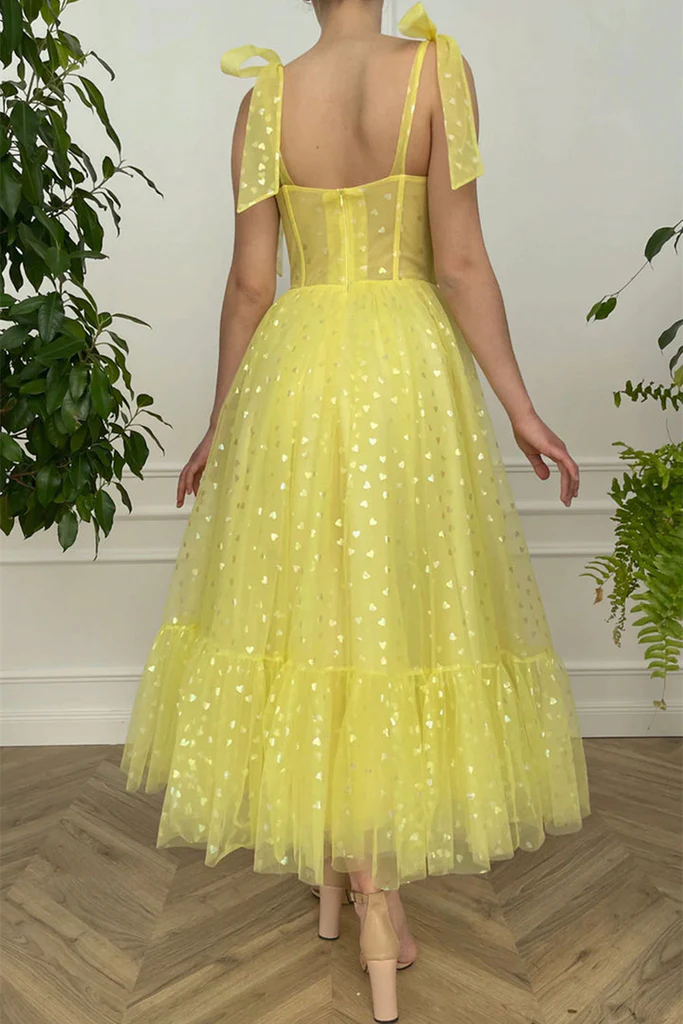 Elegant Yellow Tulle Tea Length Prom Dress, Sweetheart Neck Yellow Formal Graduation Dress Y208