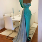 Blue Mermaid Prom Dresses With High Side Split Glitter Satin Real Image Sweep Train robe de soirée de mariage Evening Dress Y57