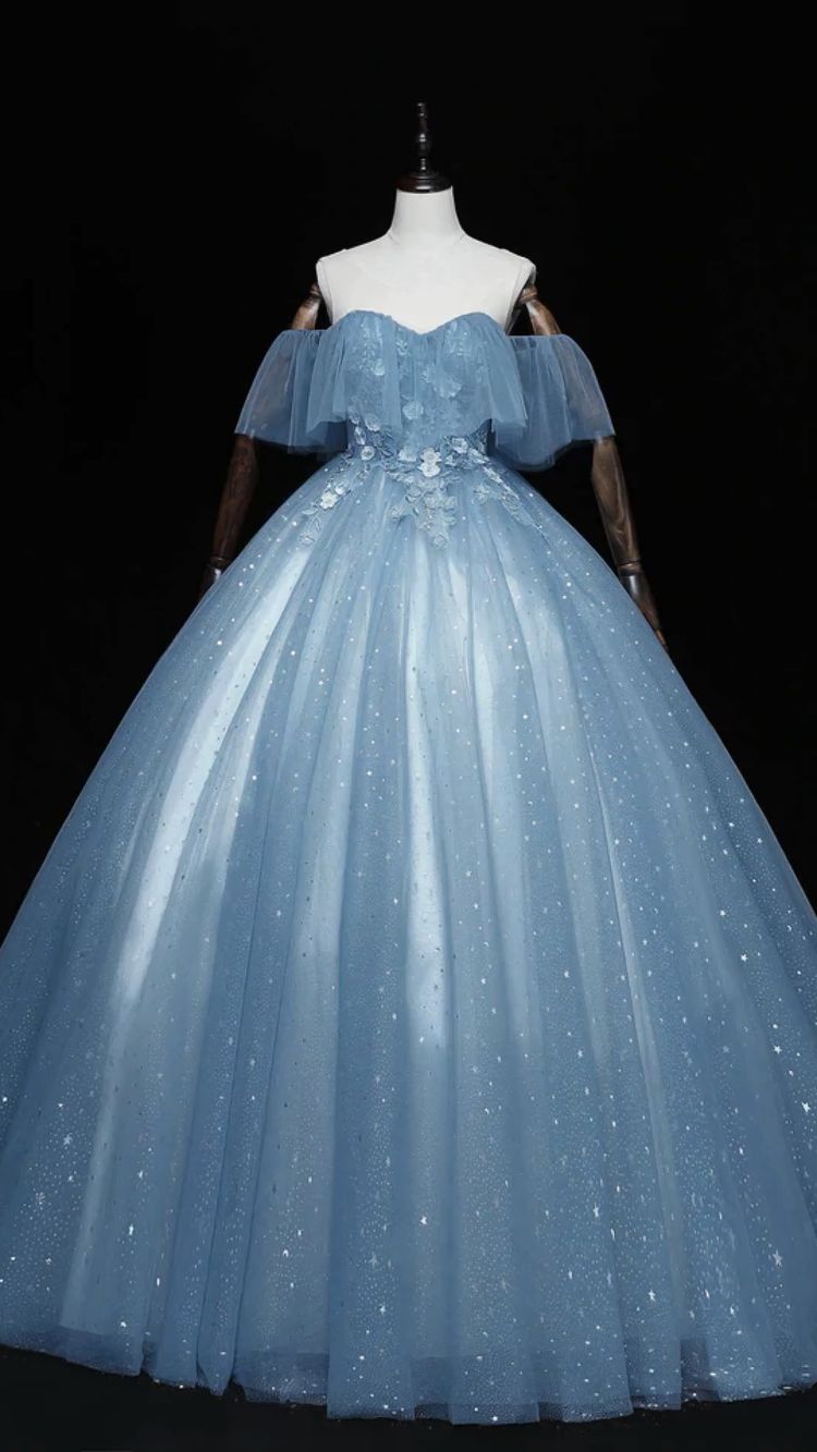 Gray blue tulle long prom dress birthday dress Y49