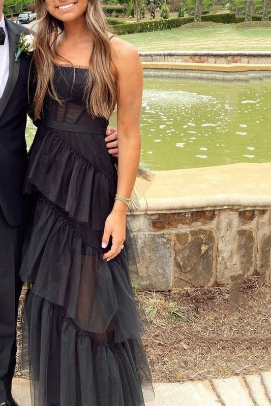 Elegant A-line Layered Tulle Black Prom Dress,Sheer Corset Long Evening Dress,Graduation Dress Y458