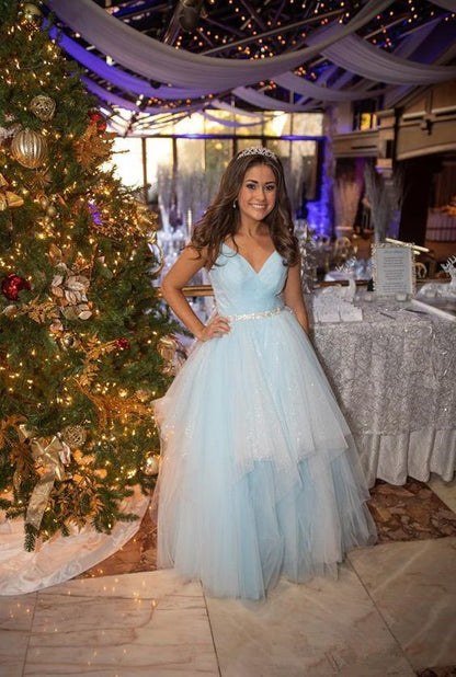 Winter Wonderland Blue Ball Dress A-line V Blue Neck Tulle Evening Dress Y307