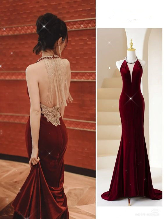 Burgundy Mermaid Long Prom Dress Chic Burgundy Evening Dress With Back Tassel  Y383