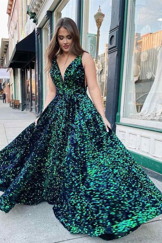 Sparkly Dark Green Sequins Long Prom Dress with Pockets Y347