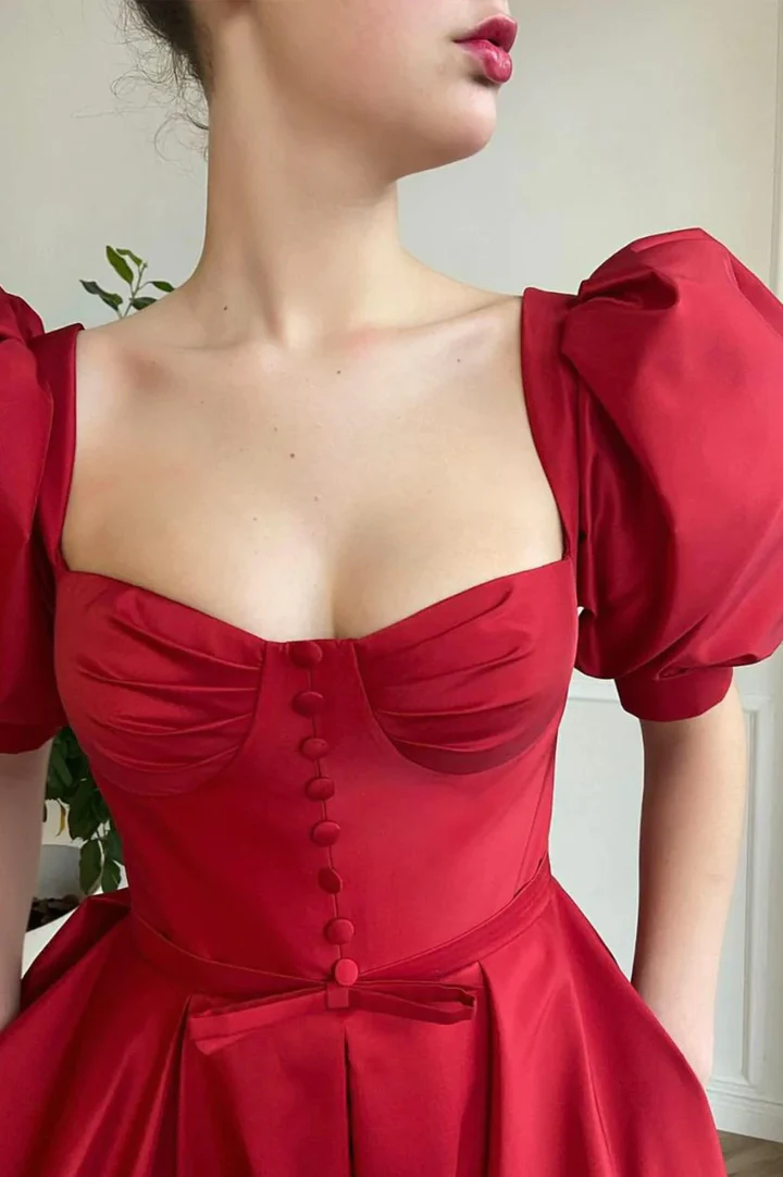 Red satin tea length prom dress Y238