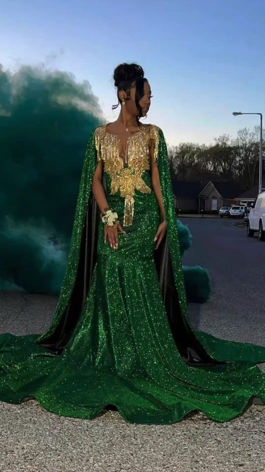 Unique Design Mermaid Green Sequins Prom Dress With Cape  Y116