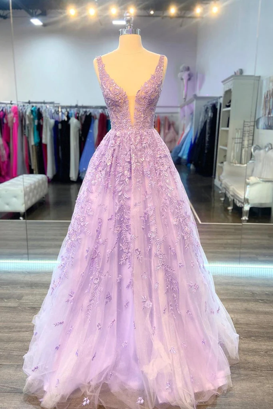 V Neck Purple Lace Long Prom Dress, Lilac Lace Formal Dress, Purple Evening Dress Y200