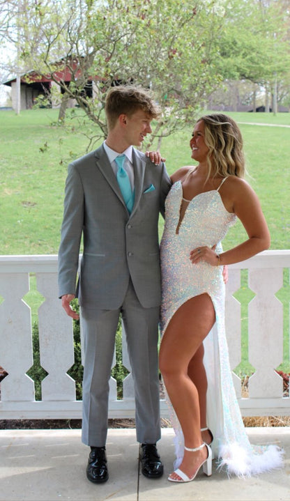 Spaghetti Straps White Sequin Prom Dress Stunning Formal Gown With Feather Bottom Y113