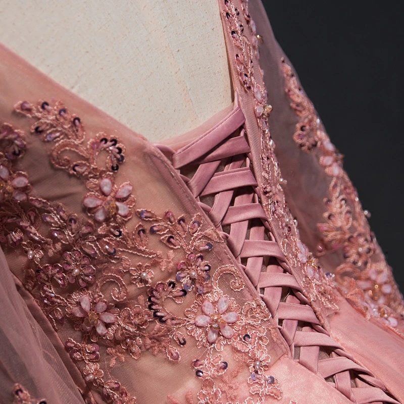 CHIC A-LINE SCOOP FLOOR LENGTH PINK TULLE APPLIQUE PROM DRESS EVENING DRESS Y1177