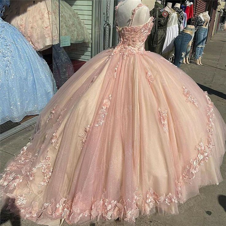 Pink Sparkly Quinceanera Prom Dresses Lace Flower Sweet 16 Tulle Party Ball Gown Y57