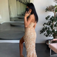 Gold engagement dress spaghetti straps prom dress leg split sequins evening dress Y71