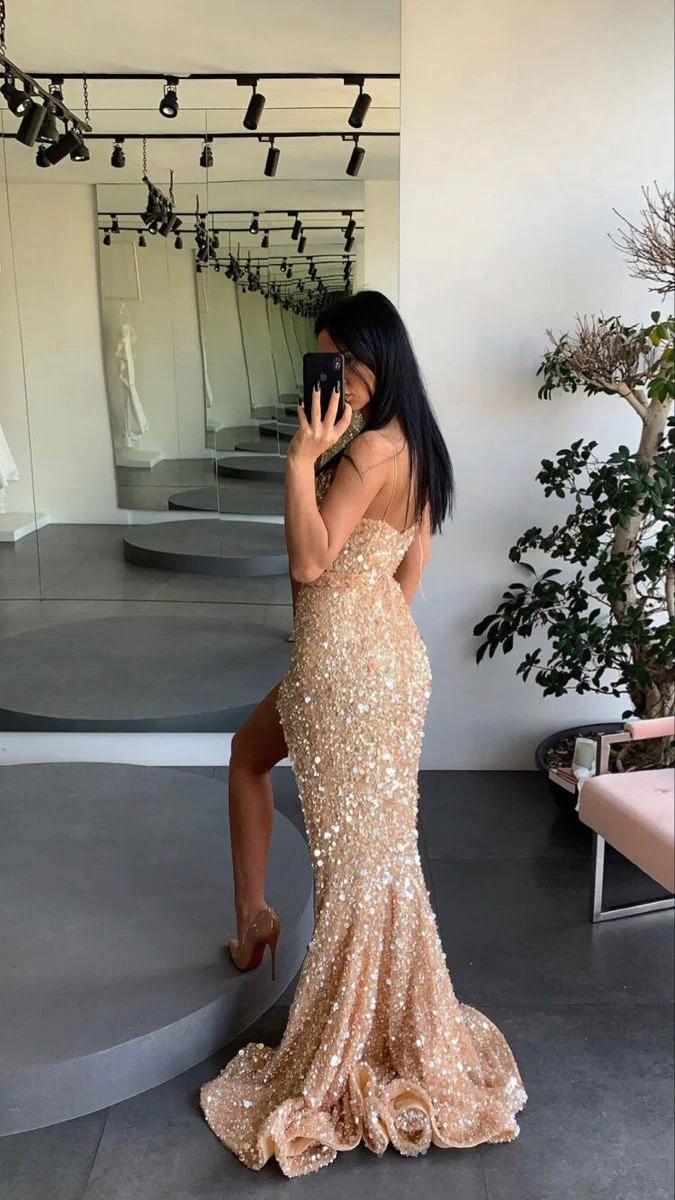 Gold engagement dress spaghetti straps prom dress leg split sequins evening dress Y71