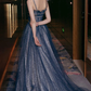Shiny tulle long A line prom dress blue evening dress Y105