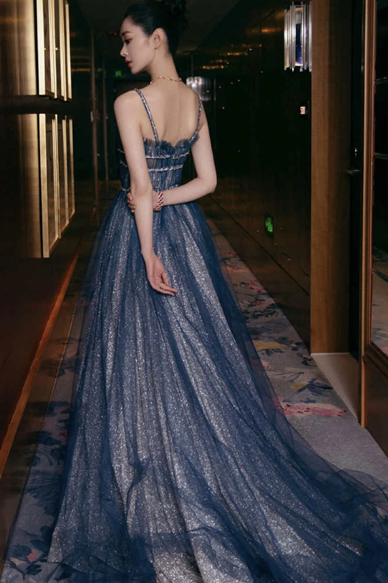 Shiny tulle long A line prom dress blue evening dress Y105